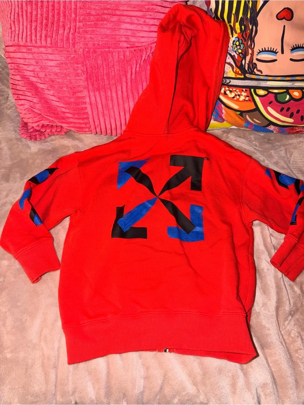 Off-White Kids Red Zip Hoodie Blue Arrows Graphic Size 5T EUC